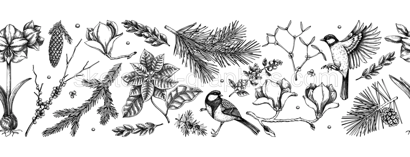 Winter flowers seamless pattern. Christmas background. Floral border design, Birds on tree branches sketches. Hand-drawn vector background. NOT AI generated Illustration